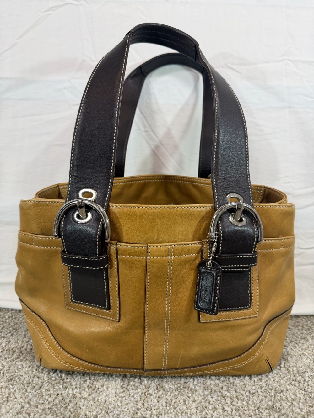 Vintage Y2K Coach Leather Tote Bag Tan Black F1745 Shoulder Purse